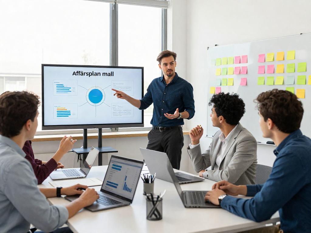 Team som diskuterar affärsplan mall i modernt kontor, med digitala presentationer och anteckningar på whiteboard.