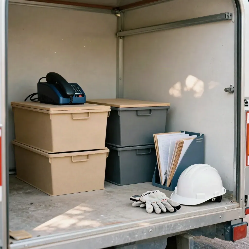 Site-office med staplade lådor, hjälm, handskar och inboxställ i lugn byggmiljö.