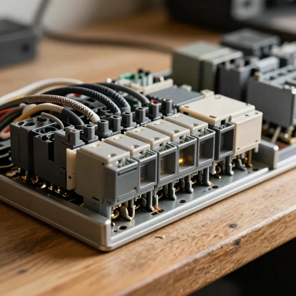 Relämoduler och terminalblock på en träbänk med en lysande statusdiod