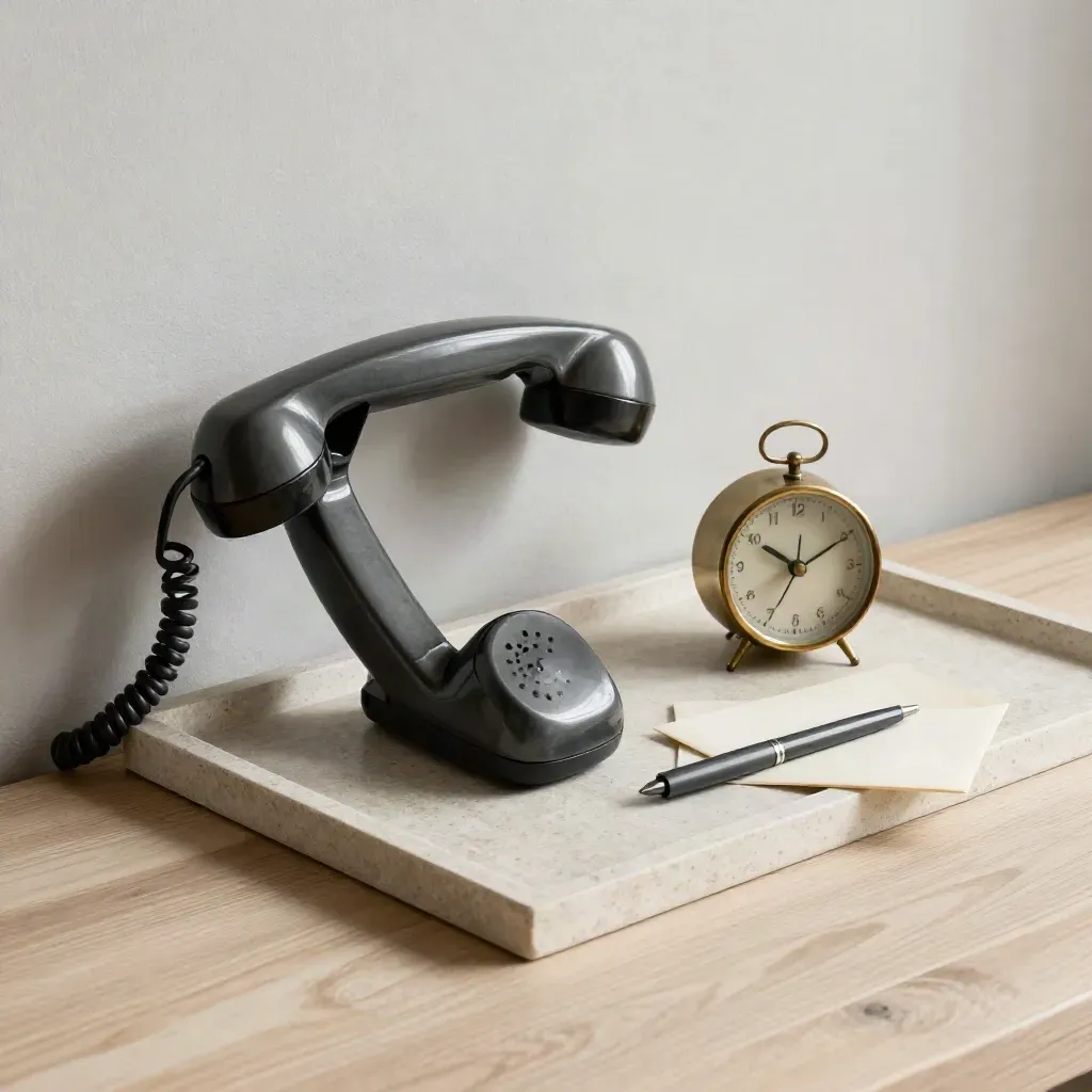 Rotarytelefon, brassklocka, kuvert och penna på stenbricka i mjukt sidoljus.
