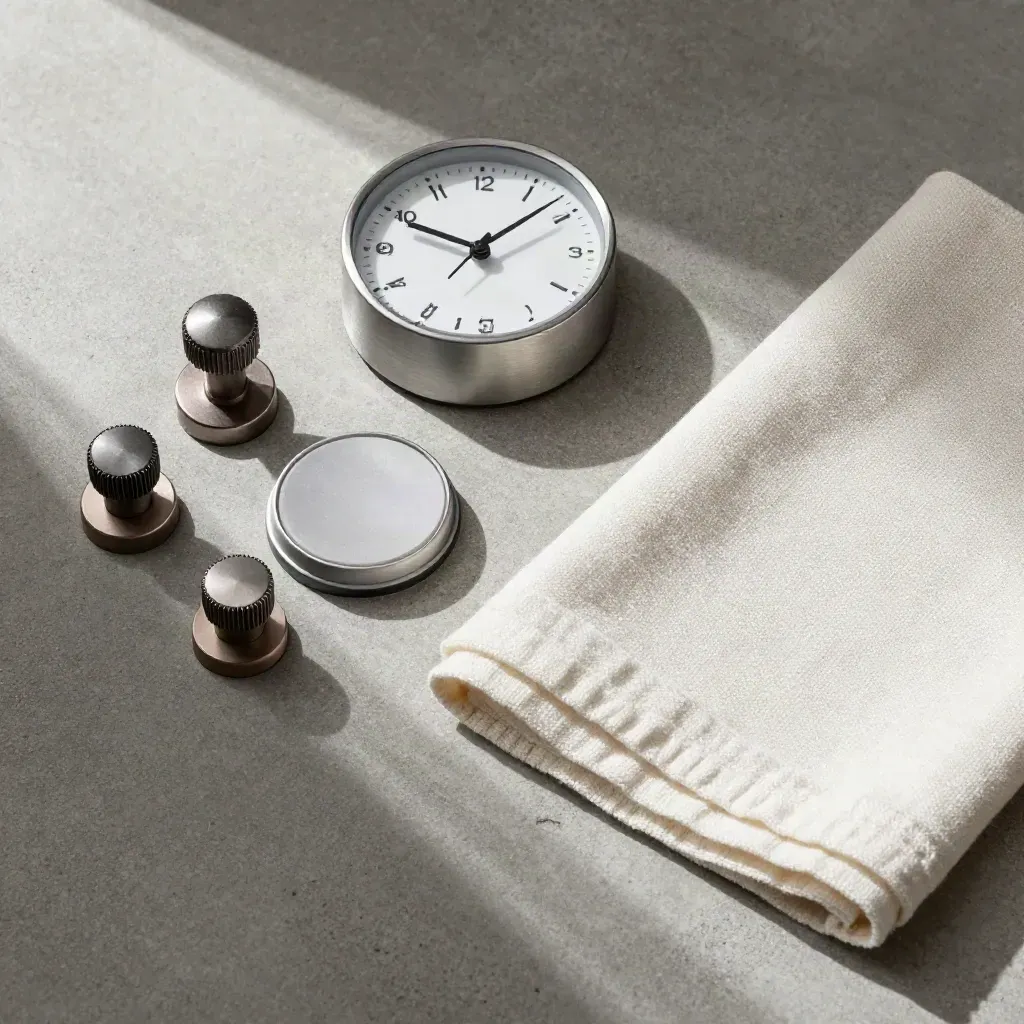 Överhead flatlay med klocka, justeringsknoppar, stämpeldyna och vikt duk på ljus betong.