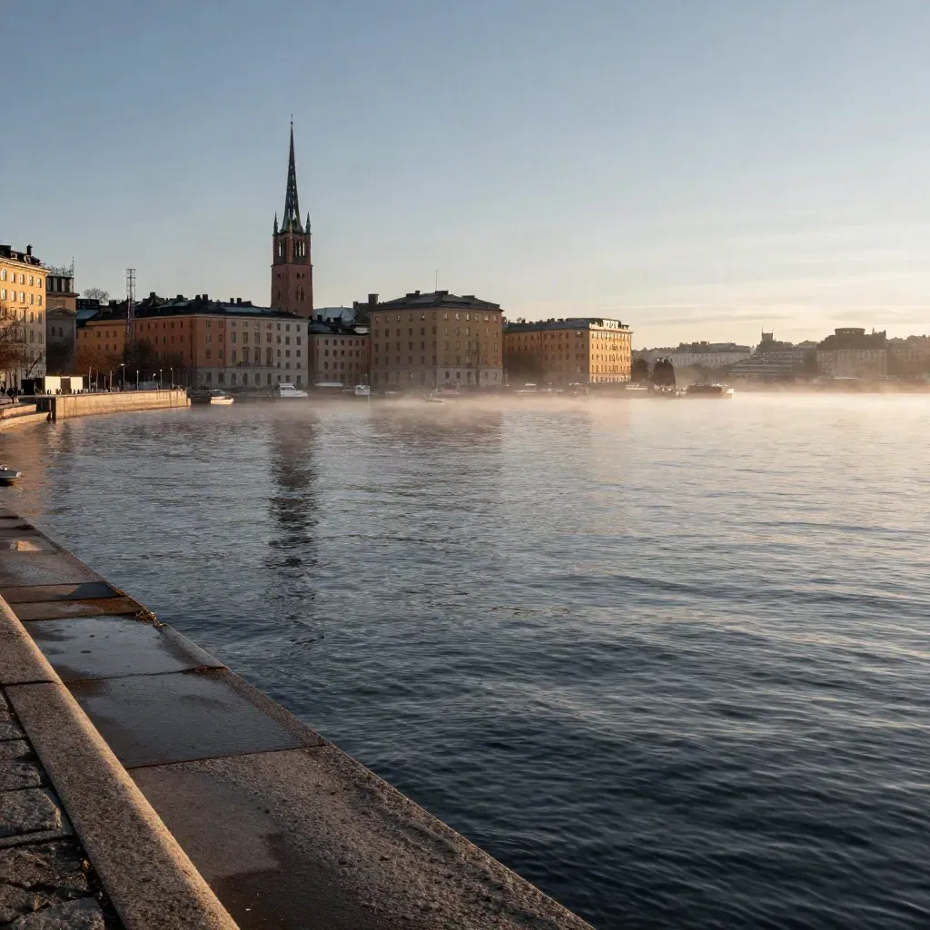 Stockholms vintervatten med stenpirar, höga torn och blå timmens dimma.
